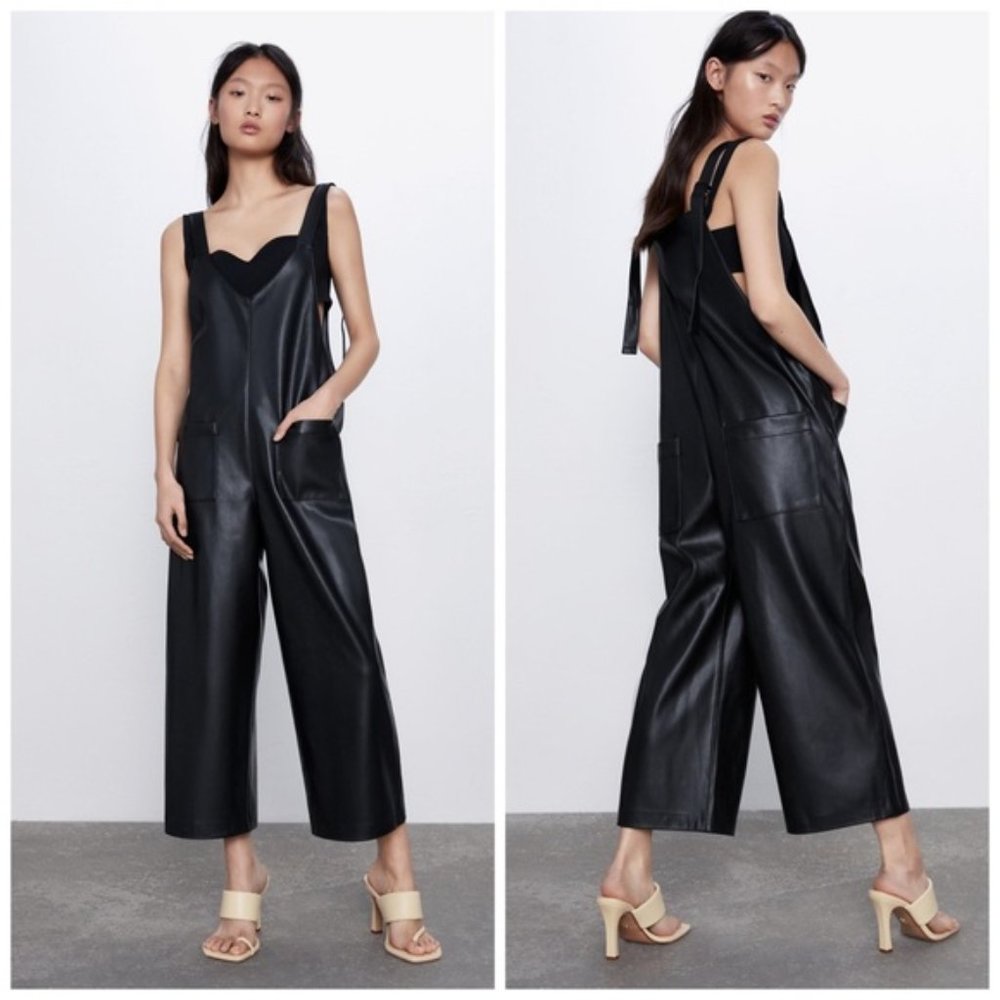 NWOT ZARA S Jackie Faux Leather Jumpsuit Bloggers Favorite Cropped leg